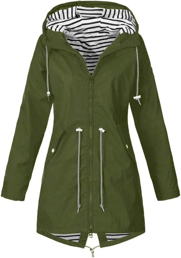 sdbrld Raincoat for Women Waterproof with Hood 2024 Trendy Packable Long Hooded Trench Coats Solid Windbreaker Travel Jacket
