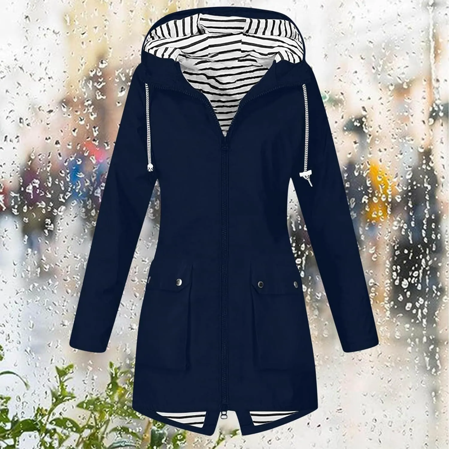 sdbrld Raincoat for Women Waterproof with Hood Packable Long Hooded Trench Coats Ladies Solid Windbreaker Travel Jackets