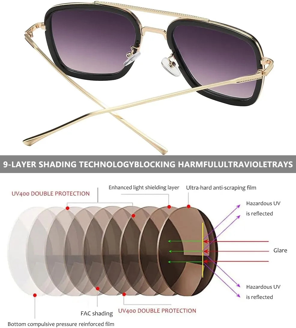 Sehnsucht Tony Stark Sunglasses Iron Man UV Protection Square Metal Spider Man Downey Pilot Sun Glasses
