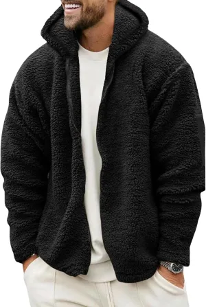 Sherpa Jacket Men Fuzzy Fleece Zip Up Hoodie Casual Oversized Thermal Coat Hooded Sweatshirt Fall Winter Outwear Pocket