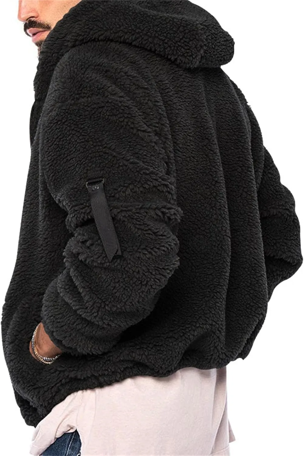 Sherpa Jacket Men Fuzzy Fleece Zip Up Hoodie Casual Oversized Thermal Coat Hooded Sweatshirt Fall Winter Outwear Pocket