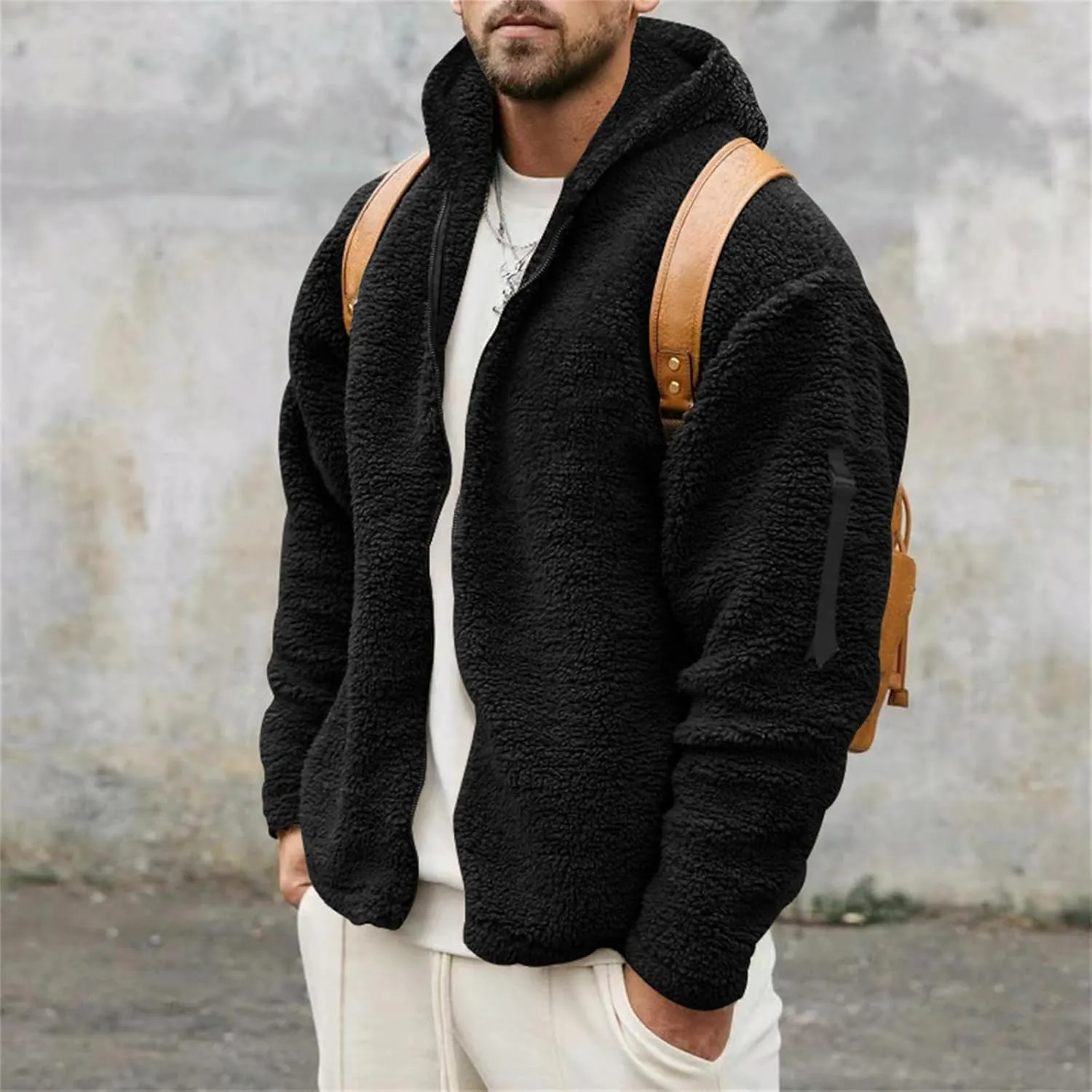 Sherpa Jacket Men Fuzzy Fleece Zip Up Hoodie Casual Oversized Thermal Coat Hooded Sweatshirt Fall Winter Outwear Pocket