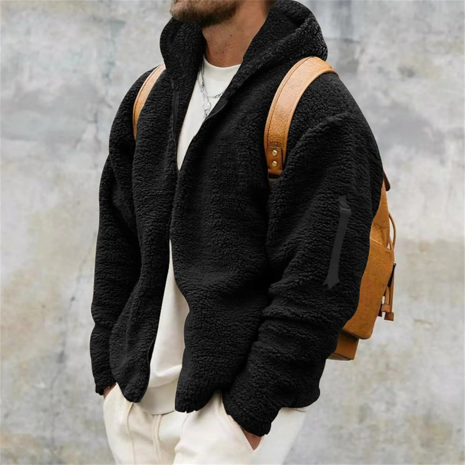 Sherpa Jacket Men Fuzzy Fleece Zip Up Hoodie Casual Oversized Thermal Coat Hooded Sweatshirt Fall Winter Outwear Pocket