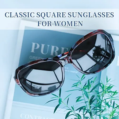 SIPHEW Polarized Sunglasses Womens, Classic Square Sun Glasses for women with UV Protection Havana Frame Wrap Shades