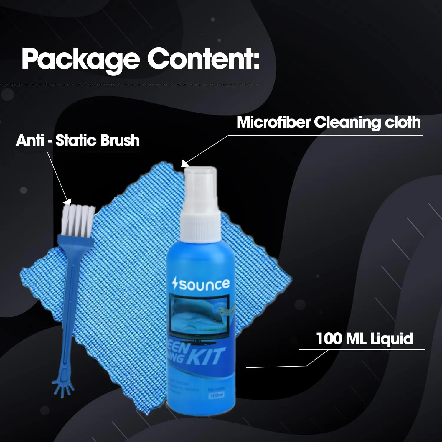 Sounce 3 in 1 Cleaning Kit Set for Screen PC, Laptops, Monitors, Mobiles, LCD, LED, TV/Professional Quality/Prevents Static Electricity, 100ml with Micro Fiber Cloth and Brush