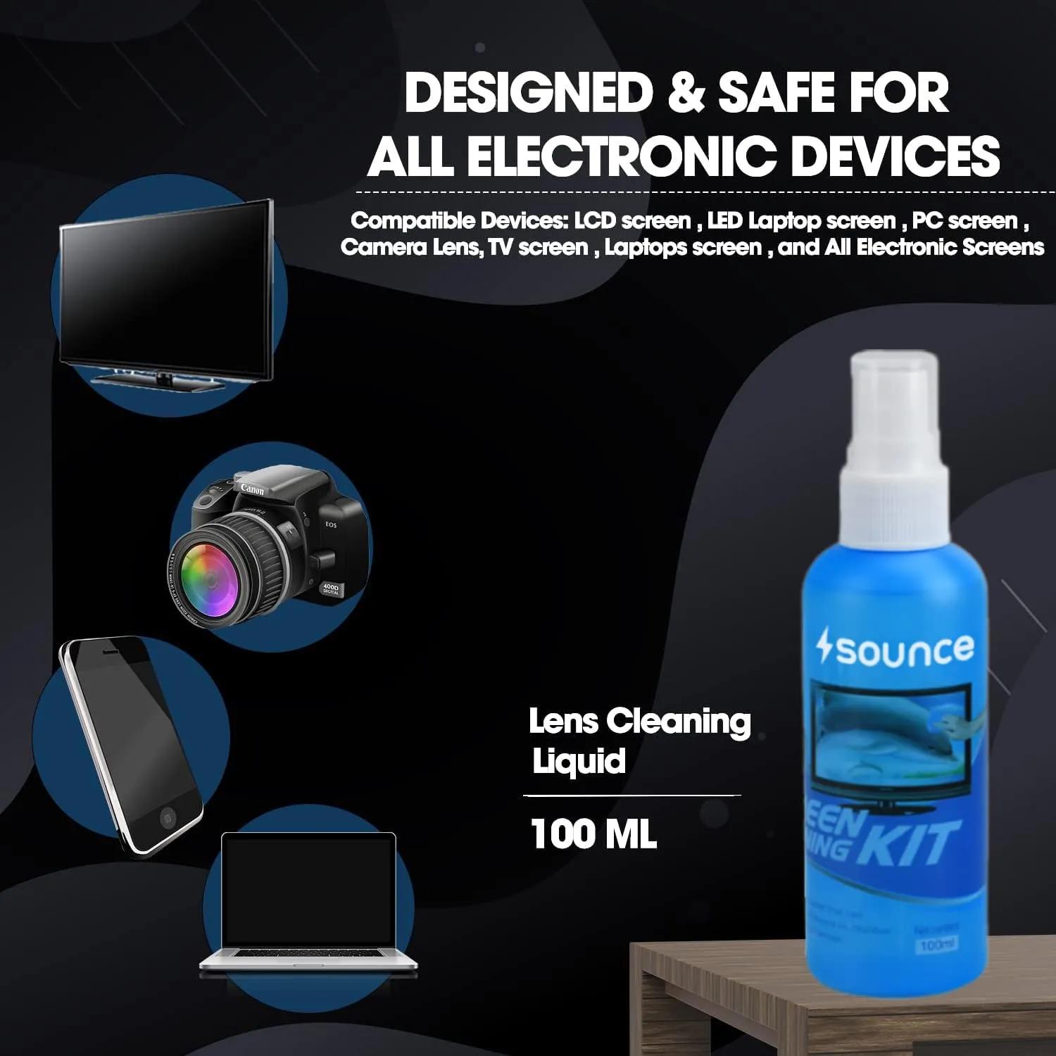 Sounce 3 in 1 Cleaning Kit Set for Screen PC, Laptops, Monitors, Mobiles, LCD, LED, TV/Professional Quality/Prevents Static Electricity, 100ml with Micro Fiber Cloth and Brush
