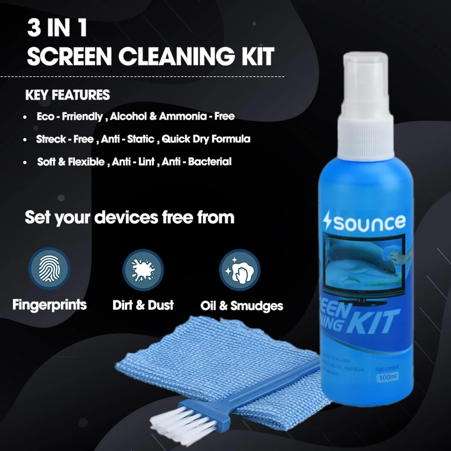 Sounce 3 in 1 Cleaning Kit Set for Screen PC, Laptops, Monitors, Mobiles, LCD, LED, TV/Professional Quality/Prevents Static Electricity, 100ml with Micro Fiber Cloth and Brush