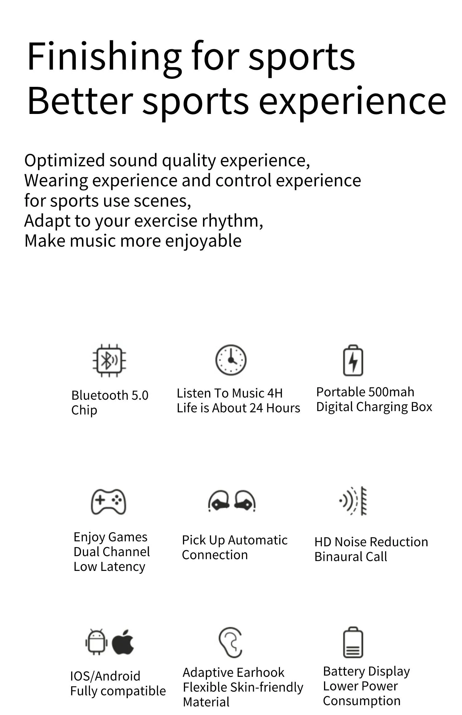 Sports TWS Bluetooth HiFi Stereo Music, Waterproof, Gaming Ear Hook Earbuds