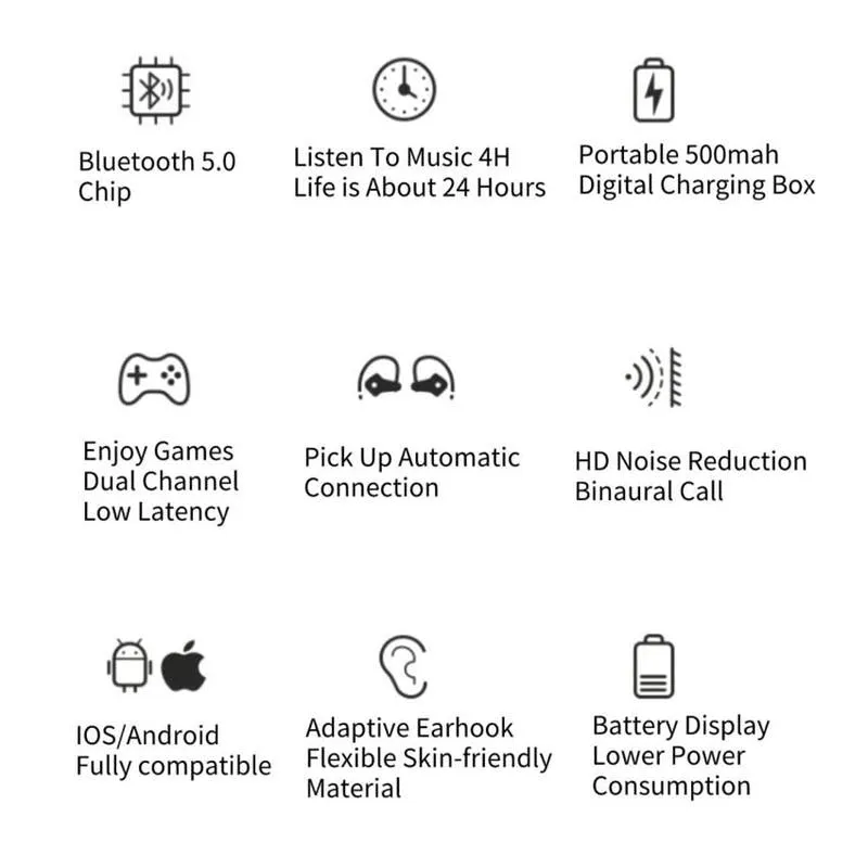Sports TWS Bluetooth HiFi Stereo Music, Waterproof, Gaming Ear Hook Earbuds