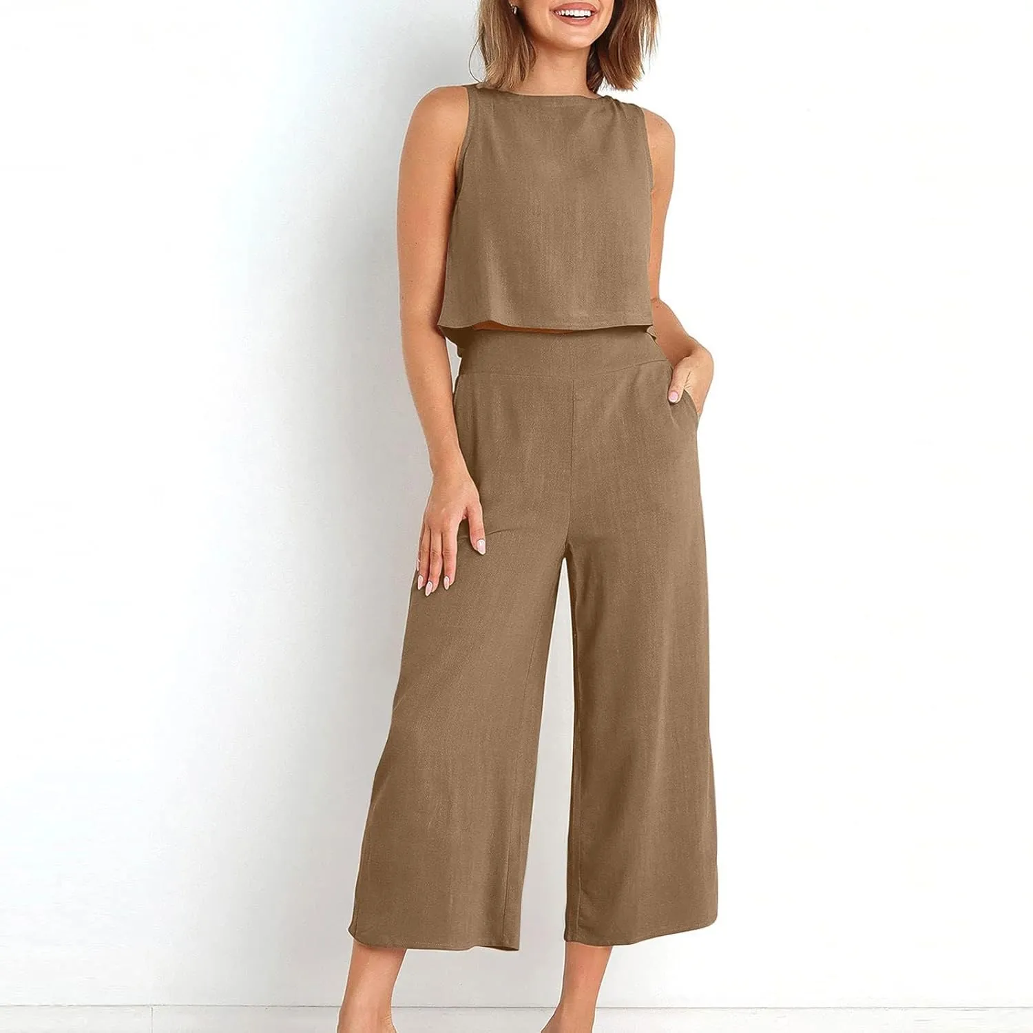Summer Outfits for Women 2023 Trendy Linen Set Sleeveless Crop Tank Top and Lounge Wide Leg Capri Pants with Pockets