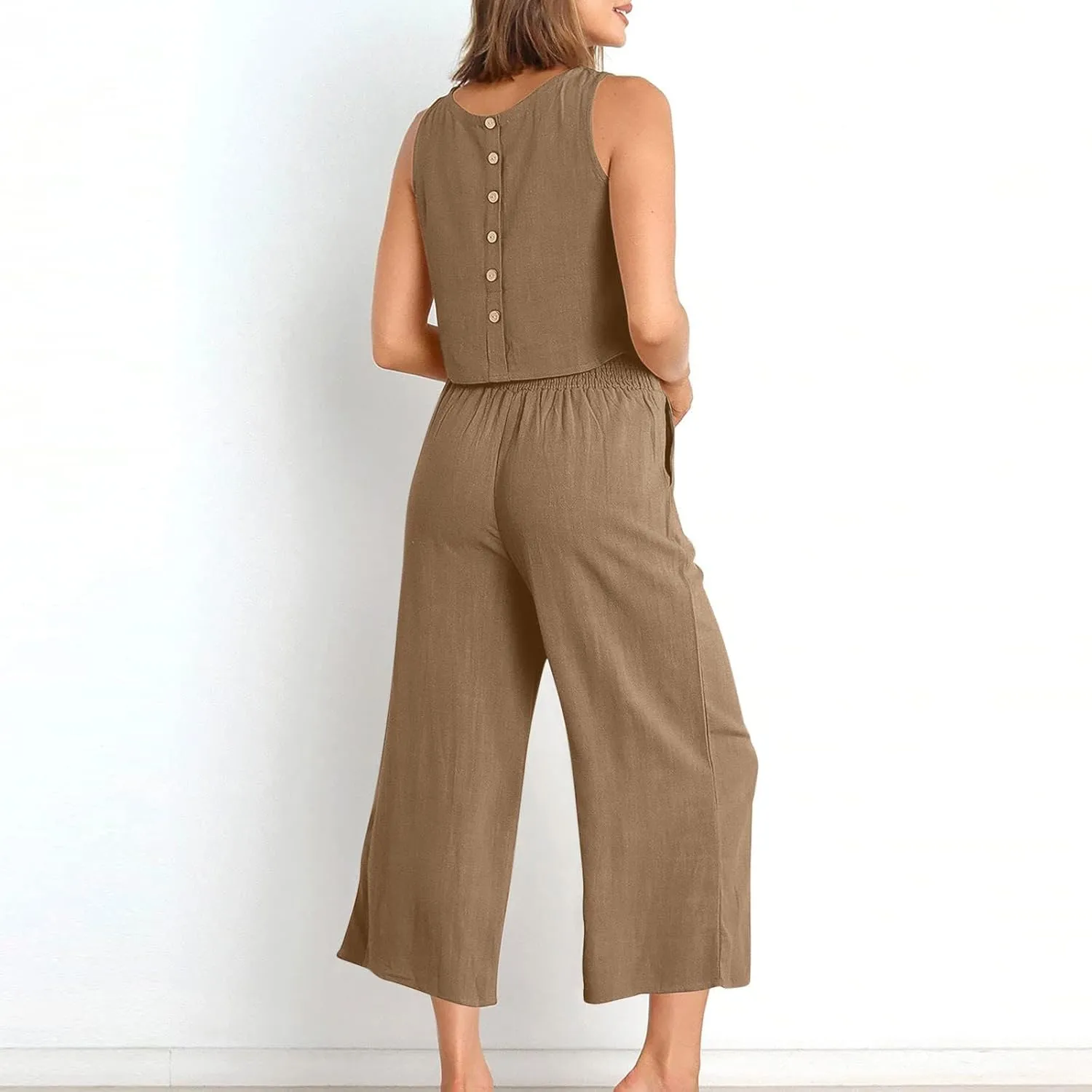 Summer Outfits for Women 2023 Trendy Linen Set Sleeveless Crop Tank Top and Lounge Wide Leg Capri Pants with Pockets
