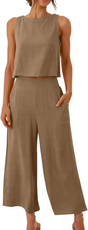 Summer Outfits for Women 2023 Trendy Linen Set Sleeveless Crop Tank Top and Lounge Wide Leg Capri Pants with Pockets