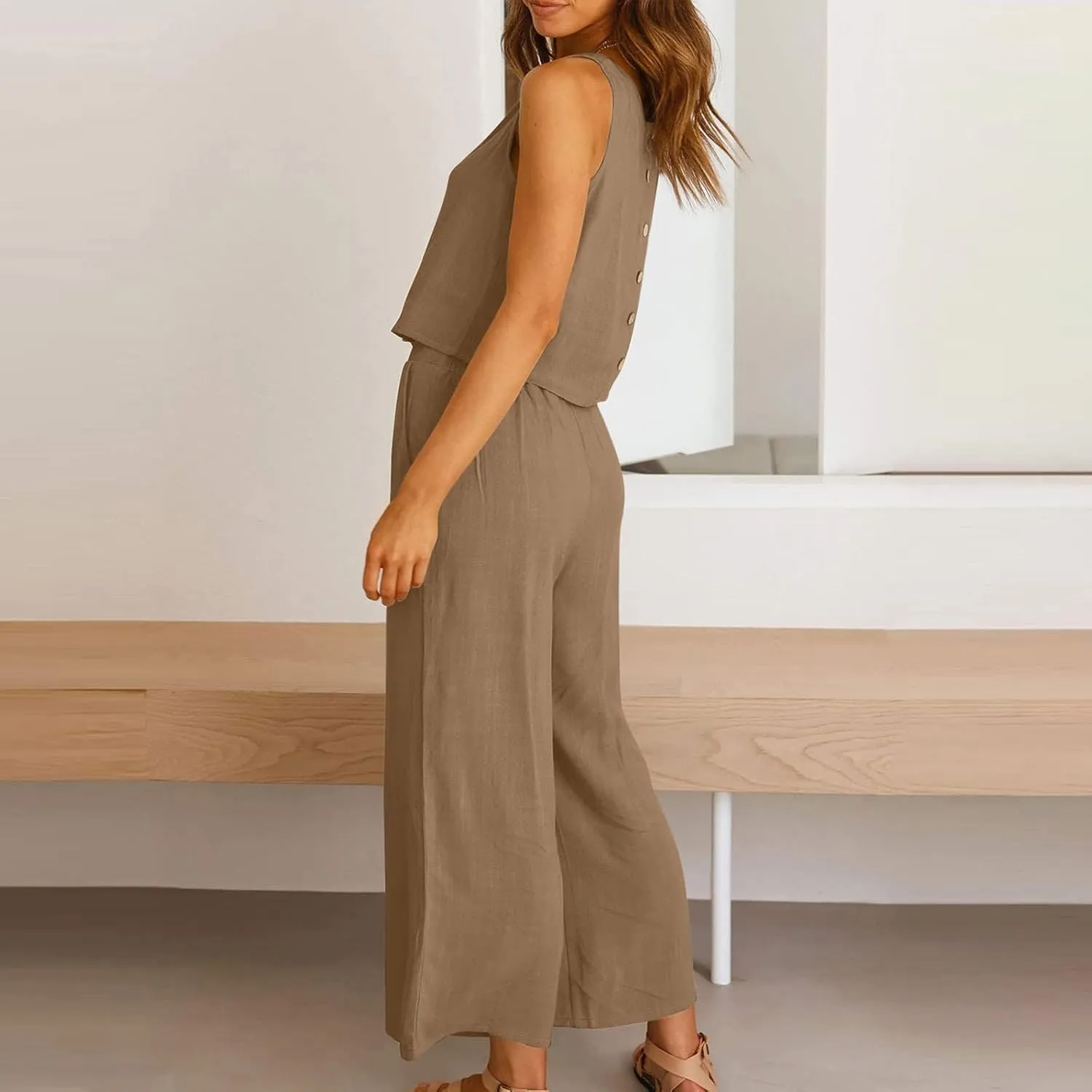 Summer Outfits for Women 2023 Trendy Linen Set Sleeveless Crop Tank Top and Lounge Wide Leg Capri Pants with Pockets