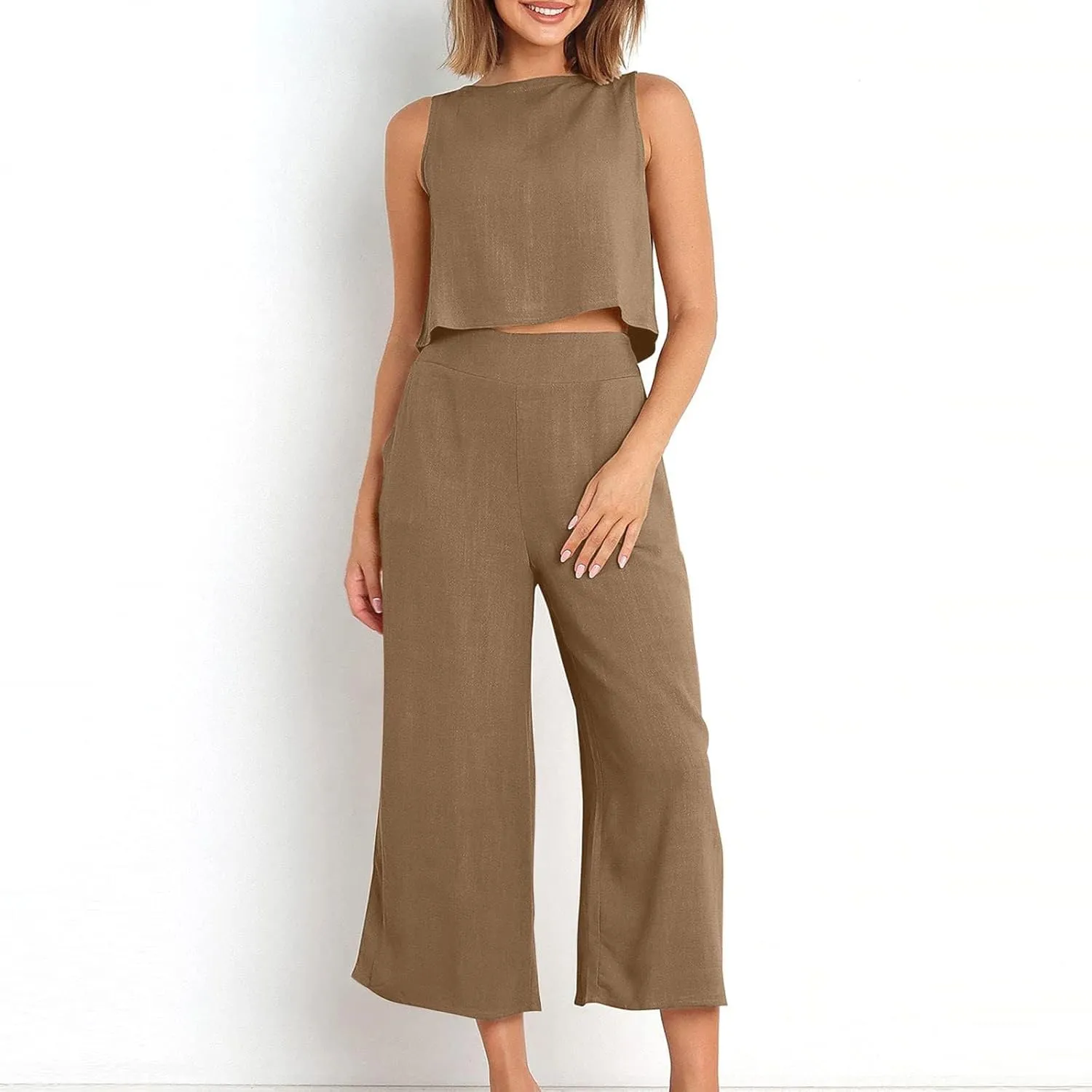 Summer Outfits for Women 2023 Trendy Linen Set Sleeveless Crop Tank Top and Lounge Wide Leg Capri Pants with Pockets