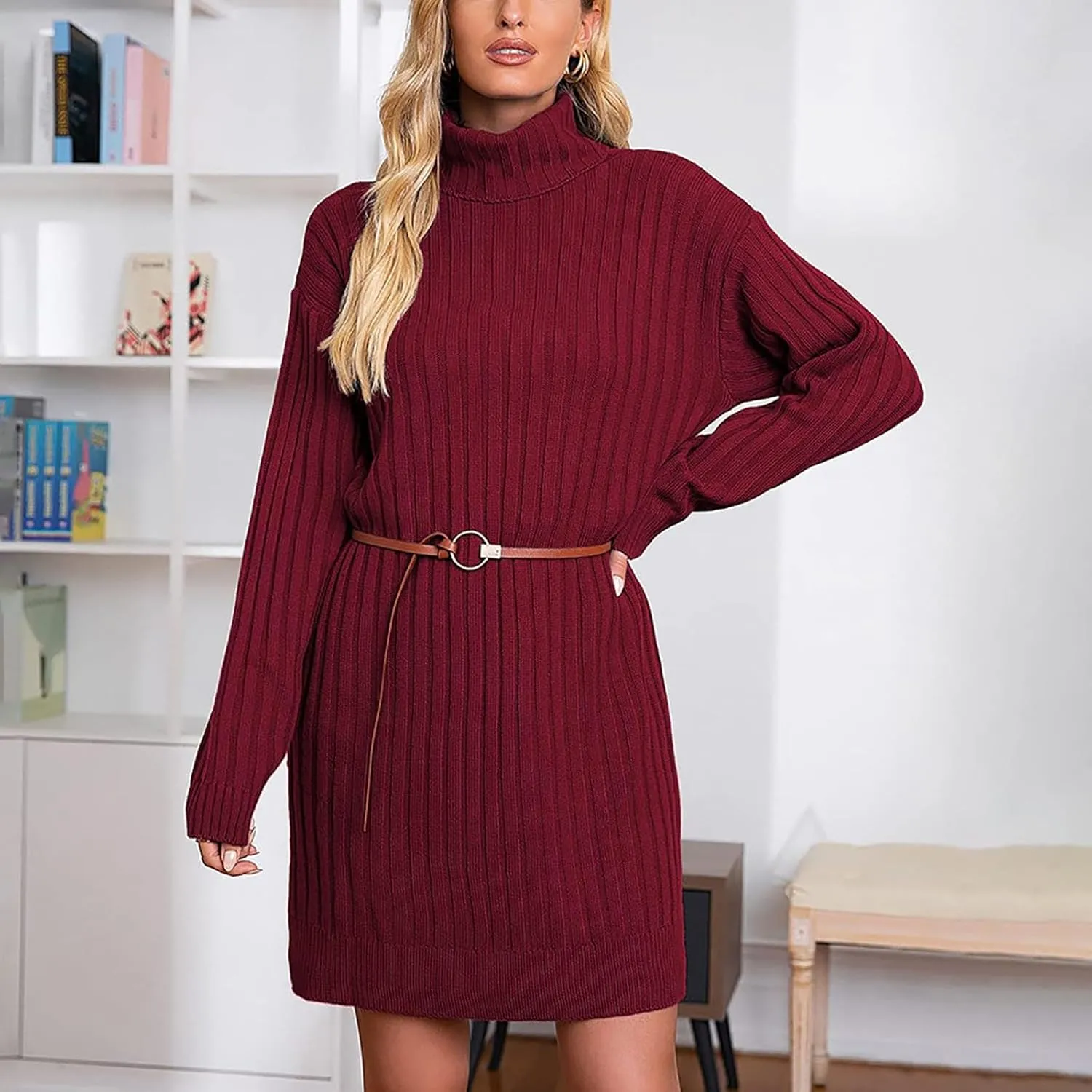 Sweater Dress Midi Turtleneck Home Lady Stretchable Elasticity Sweater Stretchable Elasticity