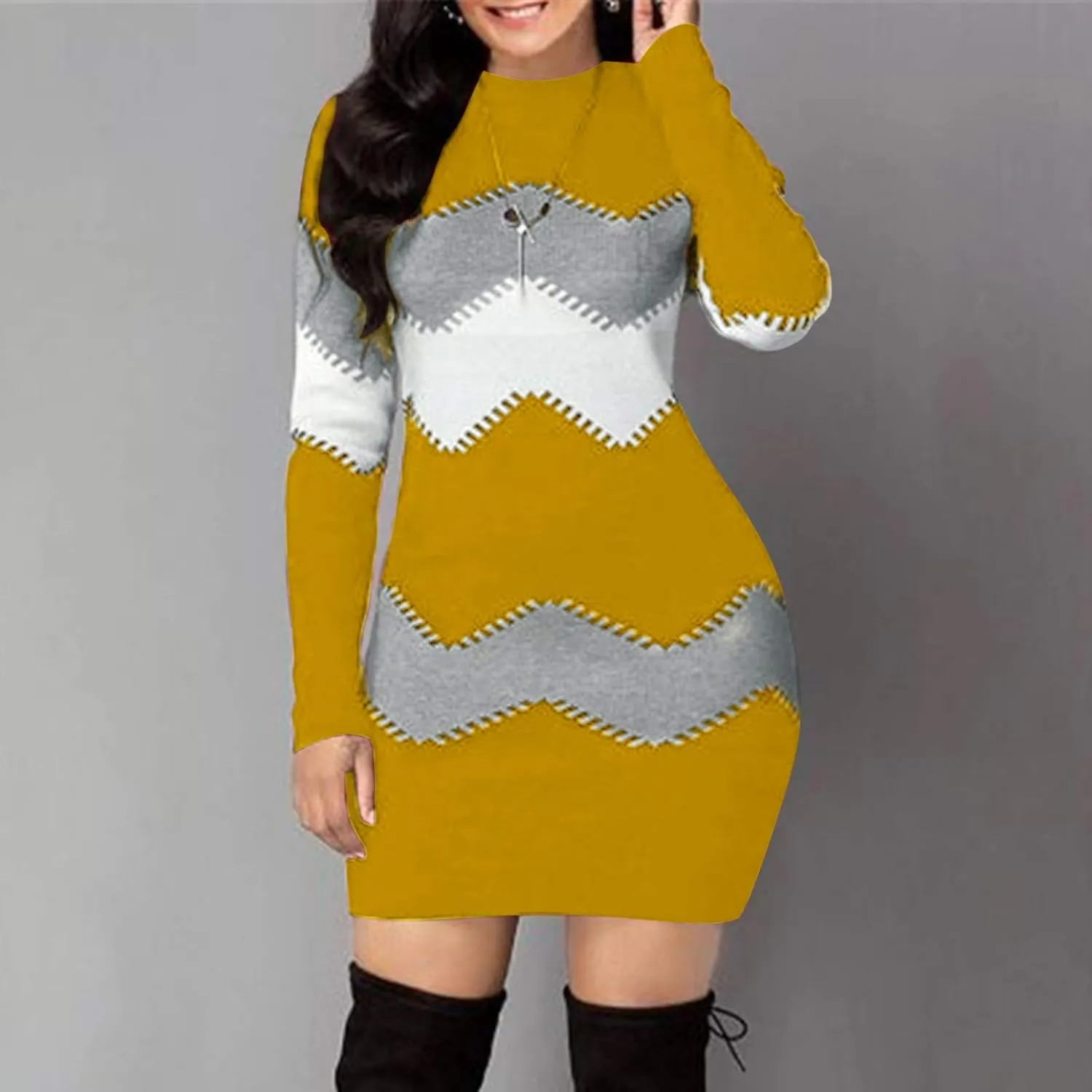 Sweater Dress Midi Turtleneck Home Lady Stretchable Elasticity Sweater Stretchable Elasticity