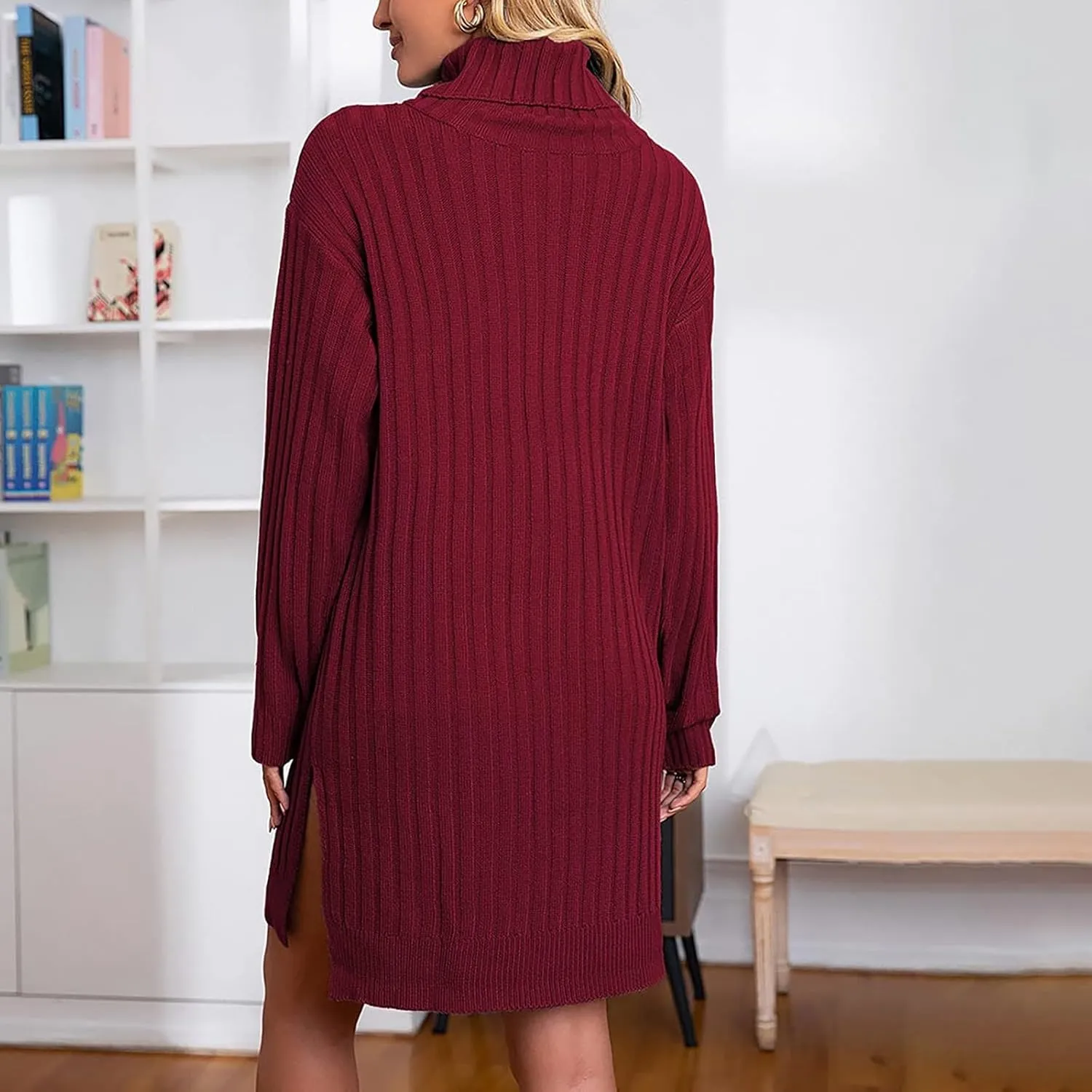 Sweater Dress Midi Turtleneck Home Lady Stretchable Elasticity Sweater Stretchable Elasticity
