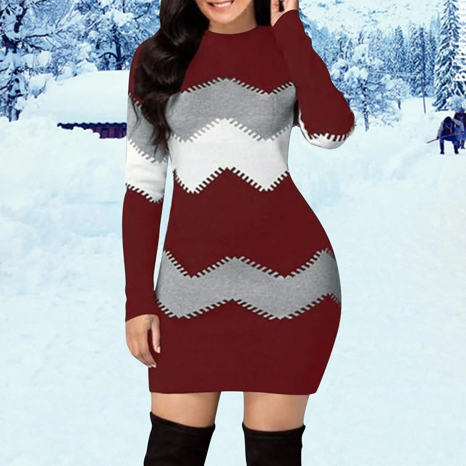 Sweater Dress Midi Turtleneck Home Lady Stretchable Elasticity Sweater Stretchable Elasticity