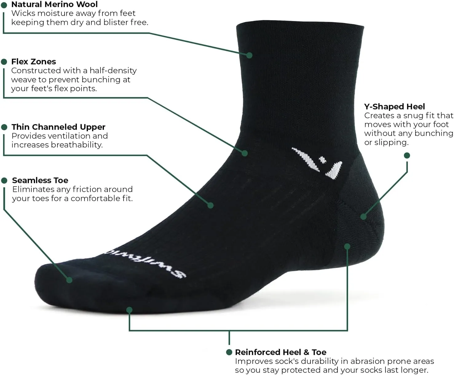 Swiftwick- PURSUIT FOUR Trail Running & Cycling Socks, Merino Wool, Durable Crew