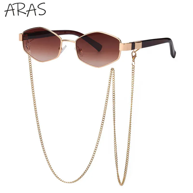 Trendy Retro Hexagon With Chain Sunglasses For Women