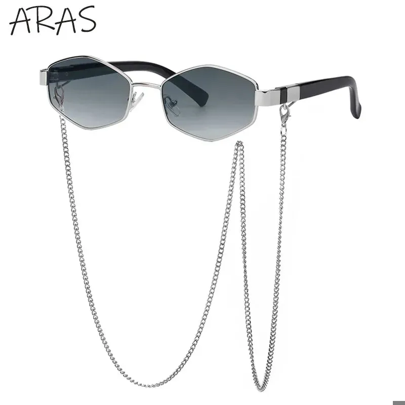 Trendy Retro Hexagon With Chain Sunglasses For Women