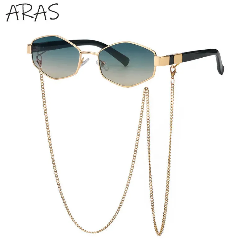 Trendy Retro Hexagon With Chain Sunglasses For Women