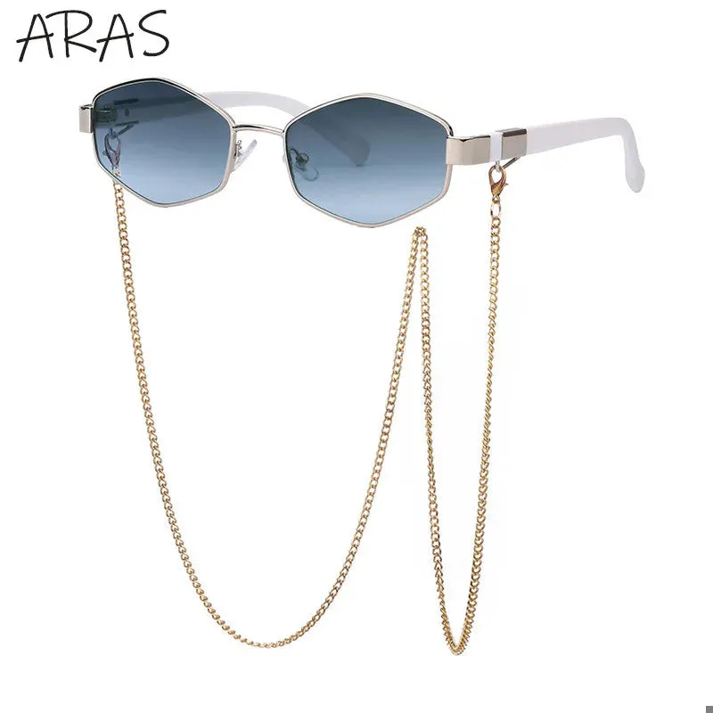 Trendy Retro Hexagon With Chain Sunglasses For Women