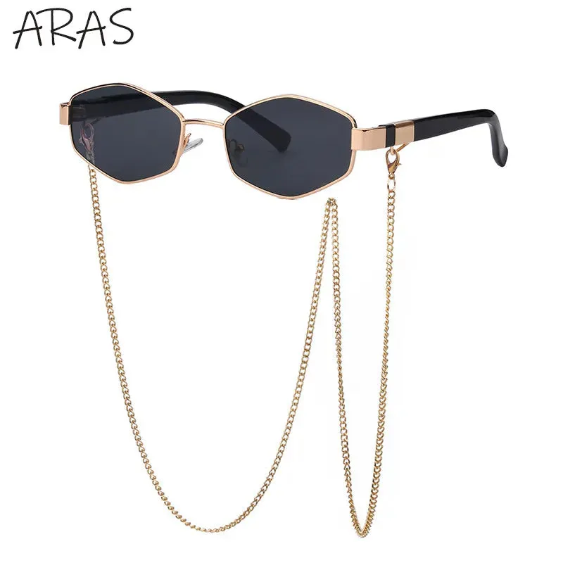 Trendy Retro Hexagon With Chain Sunglasses For Women