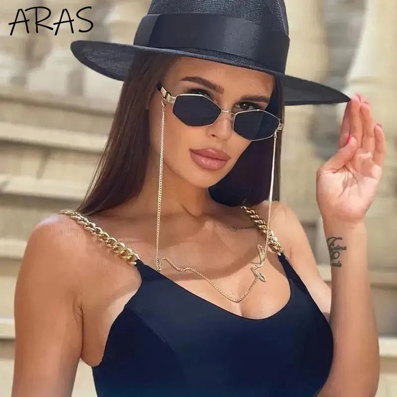 Trendy Retro Hexagon With Chain Sunglasses For Women