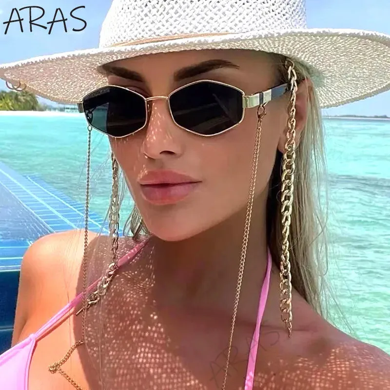 Trendy Retro Hexagon With Chain Sunglasses For Women