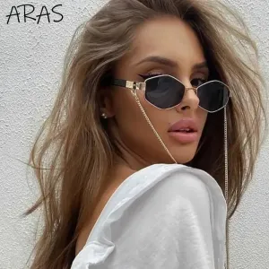 Trendy Retro Hexagon With Chain Sunglasses For Women