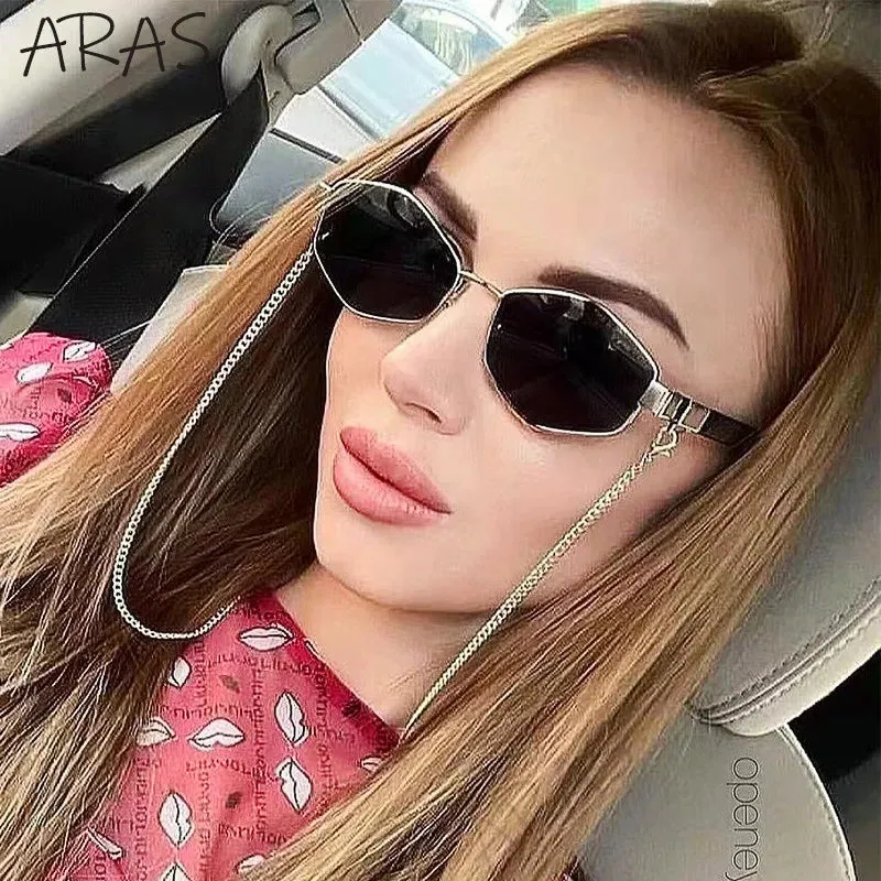 Trendy Retro Hexagon With Chain Sunglasses For Women