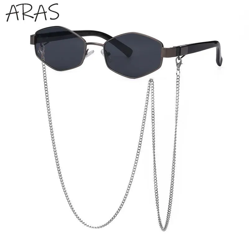 Trendy Retro Hexagon With Chain Sunglasses For Women
