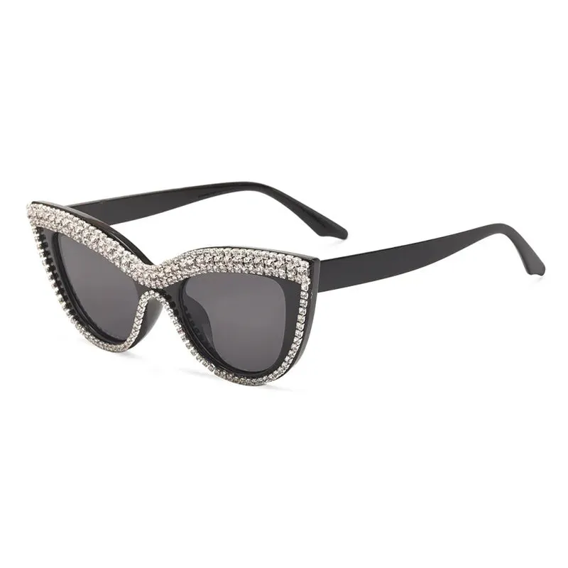 VAIGE Glamorous Cat Eye Rhinestone Sunglasses in Black & Gold