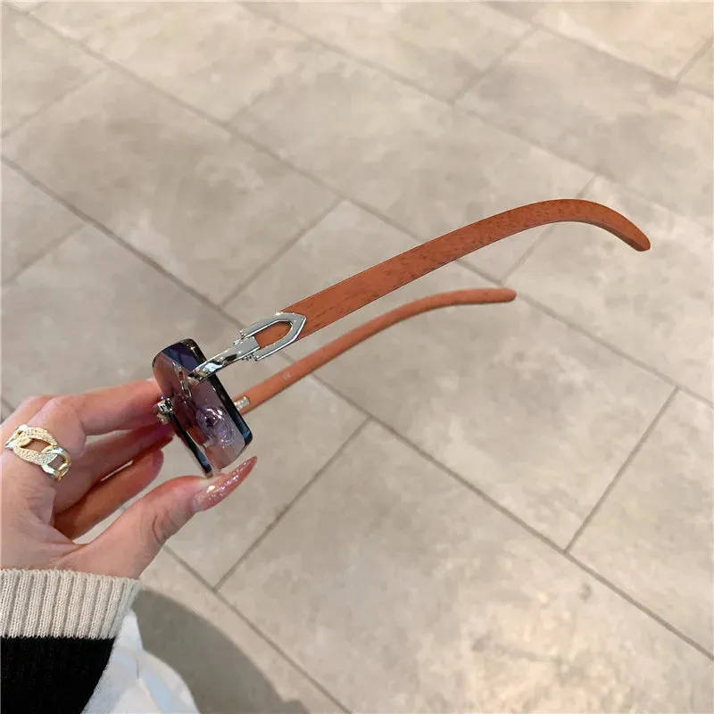 VAIGE Stylish Rimless Sunglasses with Unique Wooden Pattern - UV400 Protection