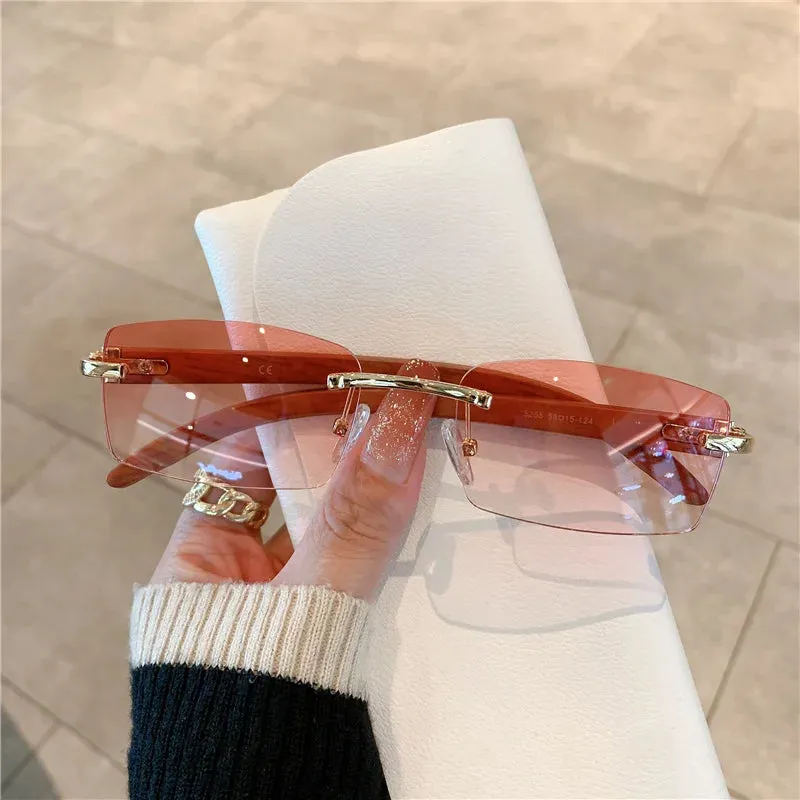 VAIGE Stylish Rimless Sunglasses with Unique Wooden Pattern - UV400 Protection