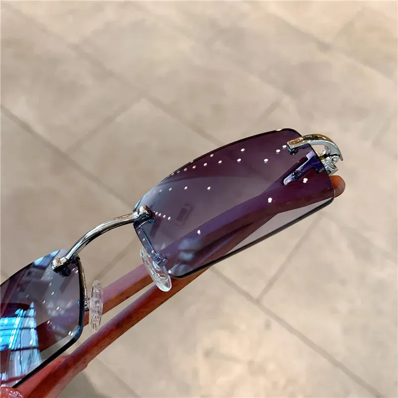 VAIGE Stylish Rimless Sunglasses with Unique Wooden Pattern - UV400 Protection