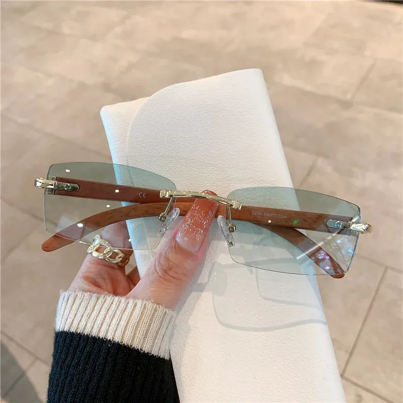 VAIGE Stylish Rimless Sunglasses with Unique Wooden Pattern - UV400 Protection