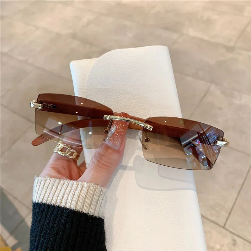 VAIGE Stylish Rimless Sunglasses with Unique Wooden Pattern - UV400 Protection