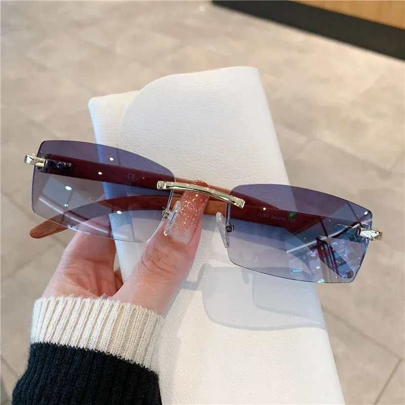VAIGE Stylish Rimless Sunglasses with Unique Wooden Pattern - UV400 Protection