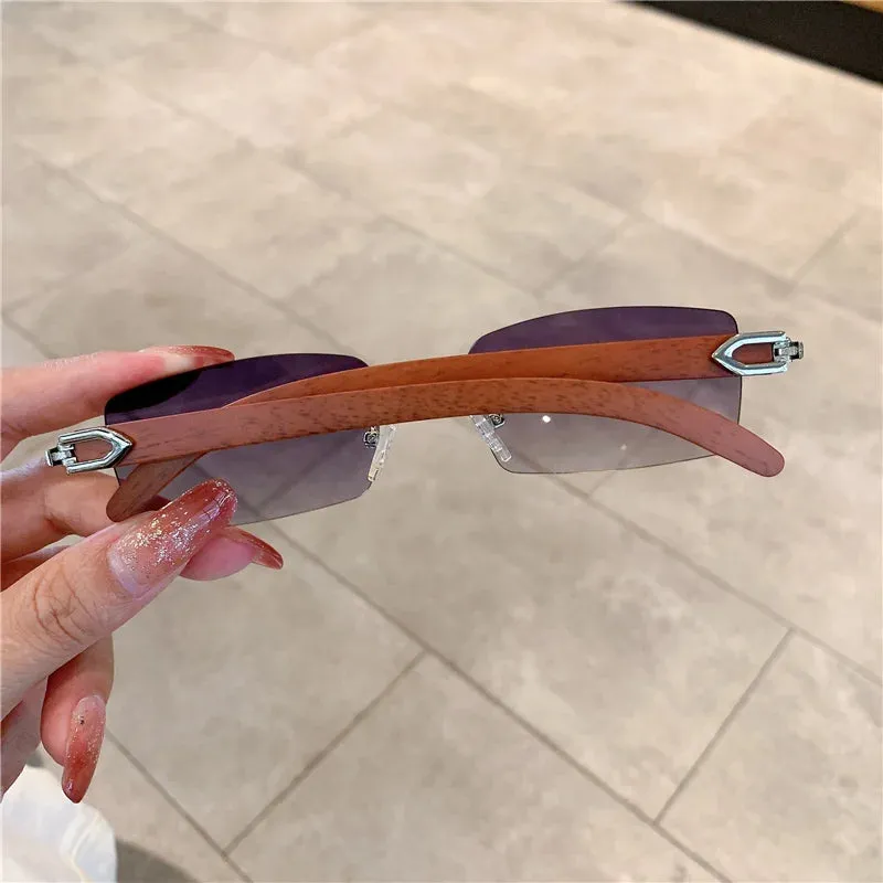 VAIGE Stylish Rimless Sunglasses with Unique Wooden Pattern - UV400 Protection