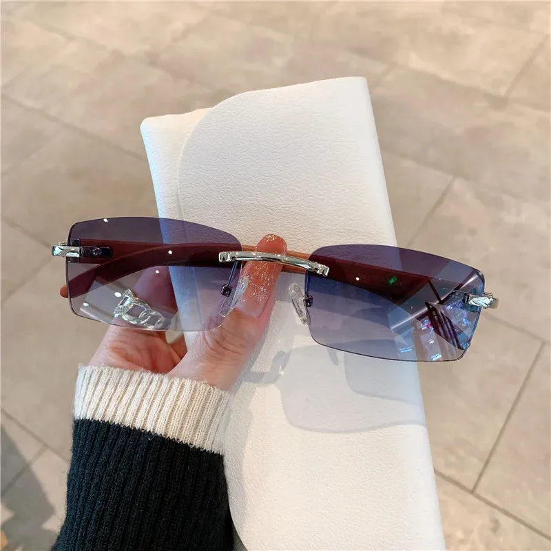 VAIGE Stylish Rimless Sunglasses with Unique Wooden Pattern - UV400 Protection