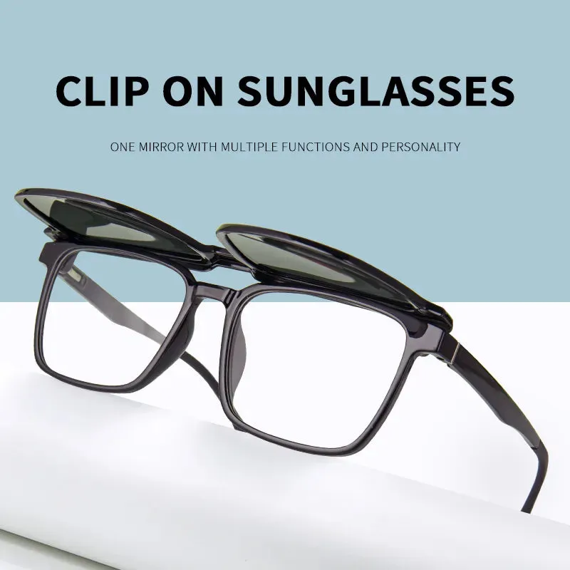 Vicky Men's Full Rim Oversized Square Tr 90 Titanium Reading Glasses With Polarized Clip 2191