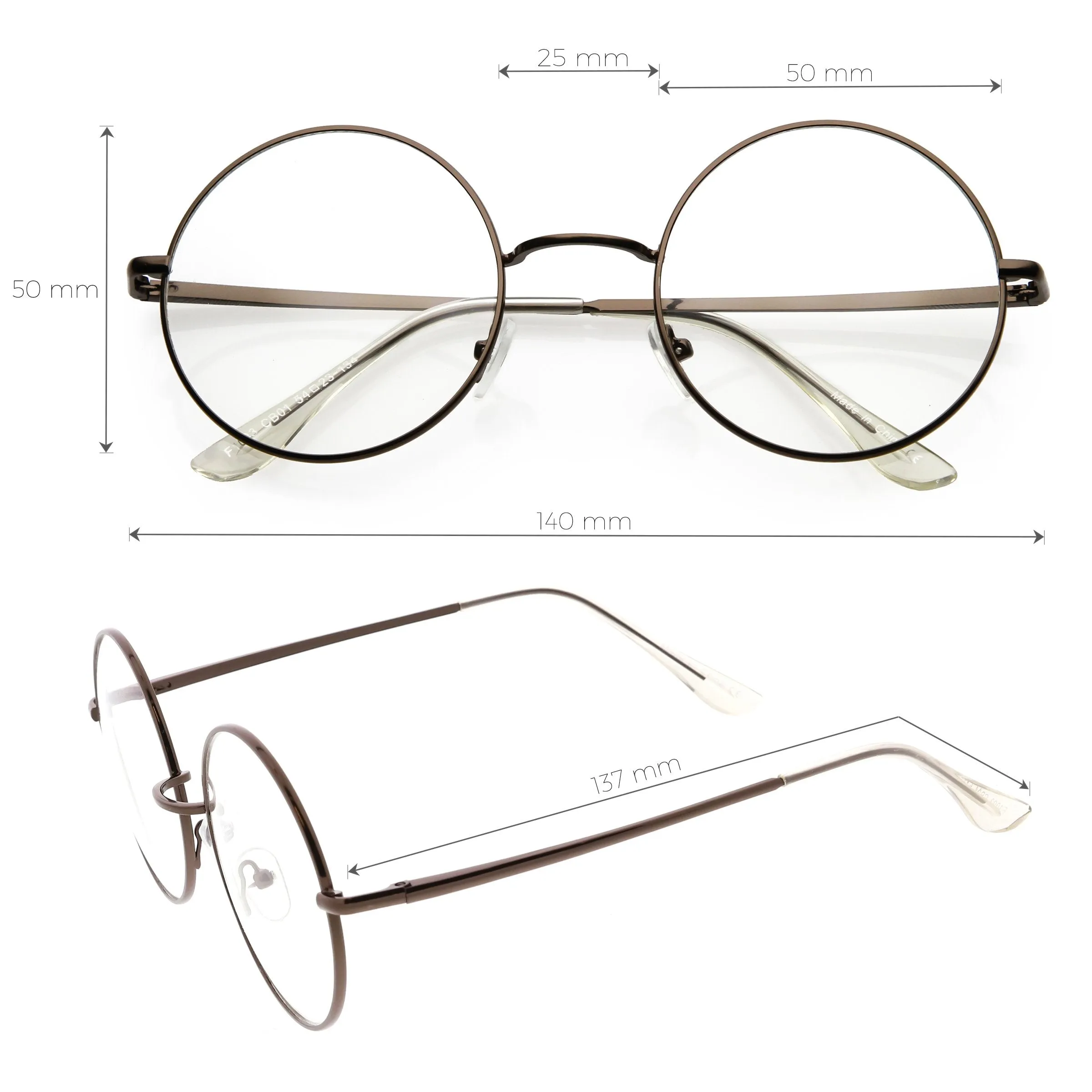 Vintage Classic Metal Round Clear Lens Glasses 50mm C854