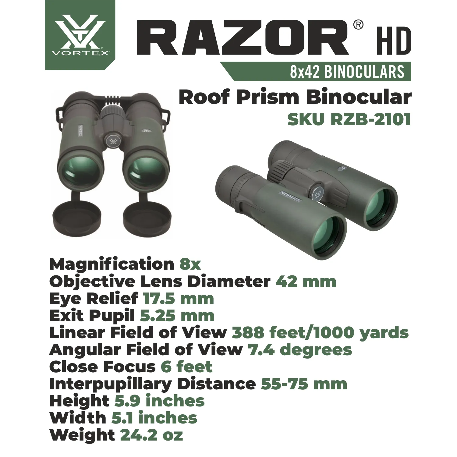 Vortex Optics Razor HD 8x42 Roof Prism Binocular (RZB-2101)