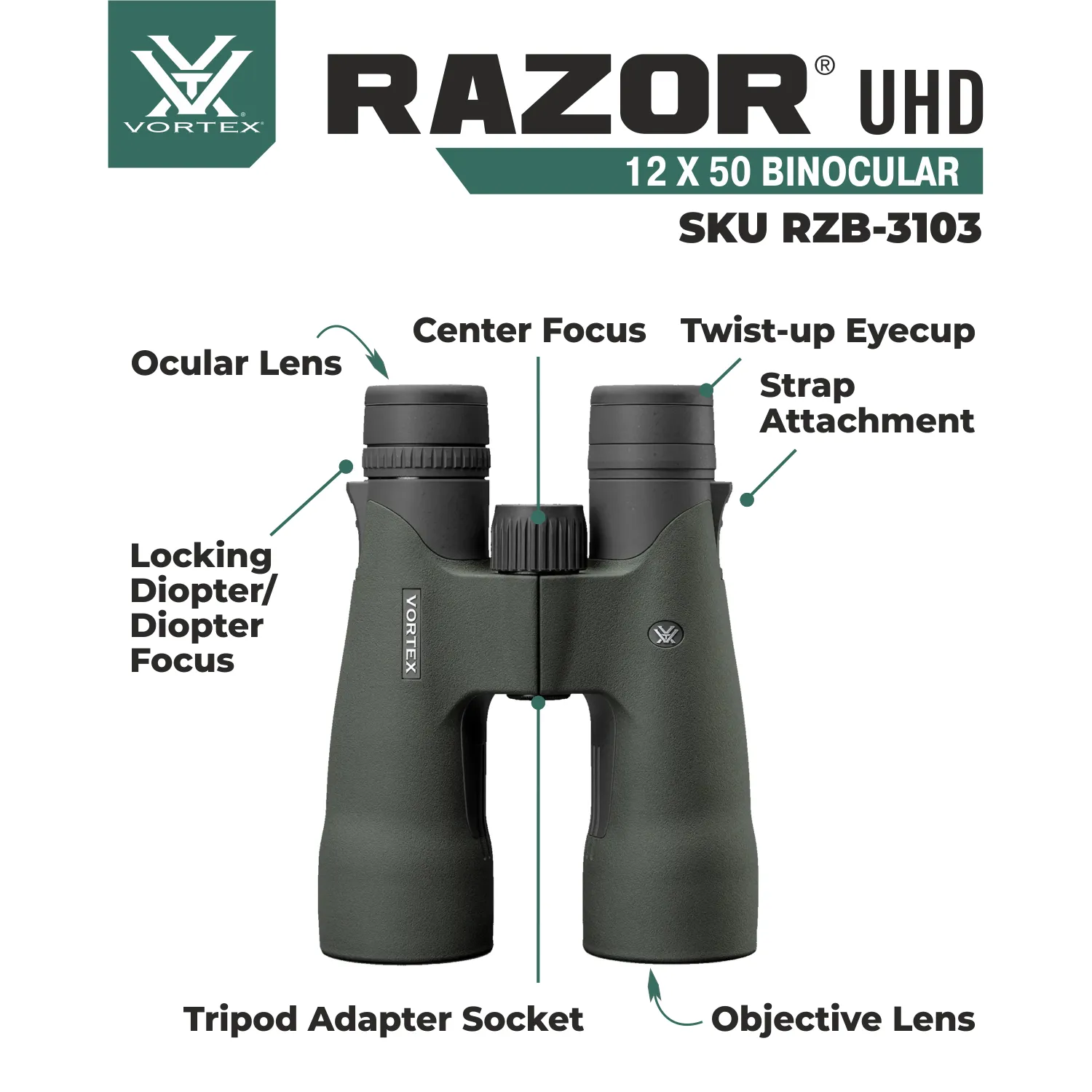 Vortex Optics Razor UHD 12x50 Binocular (RZB-3103)
