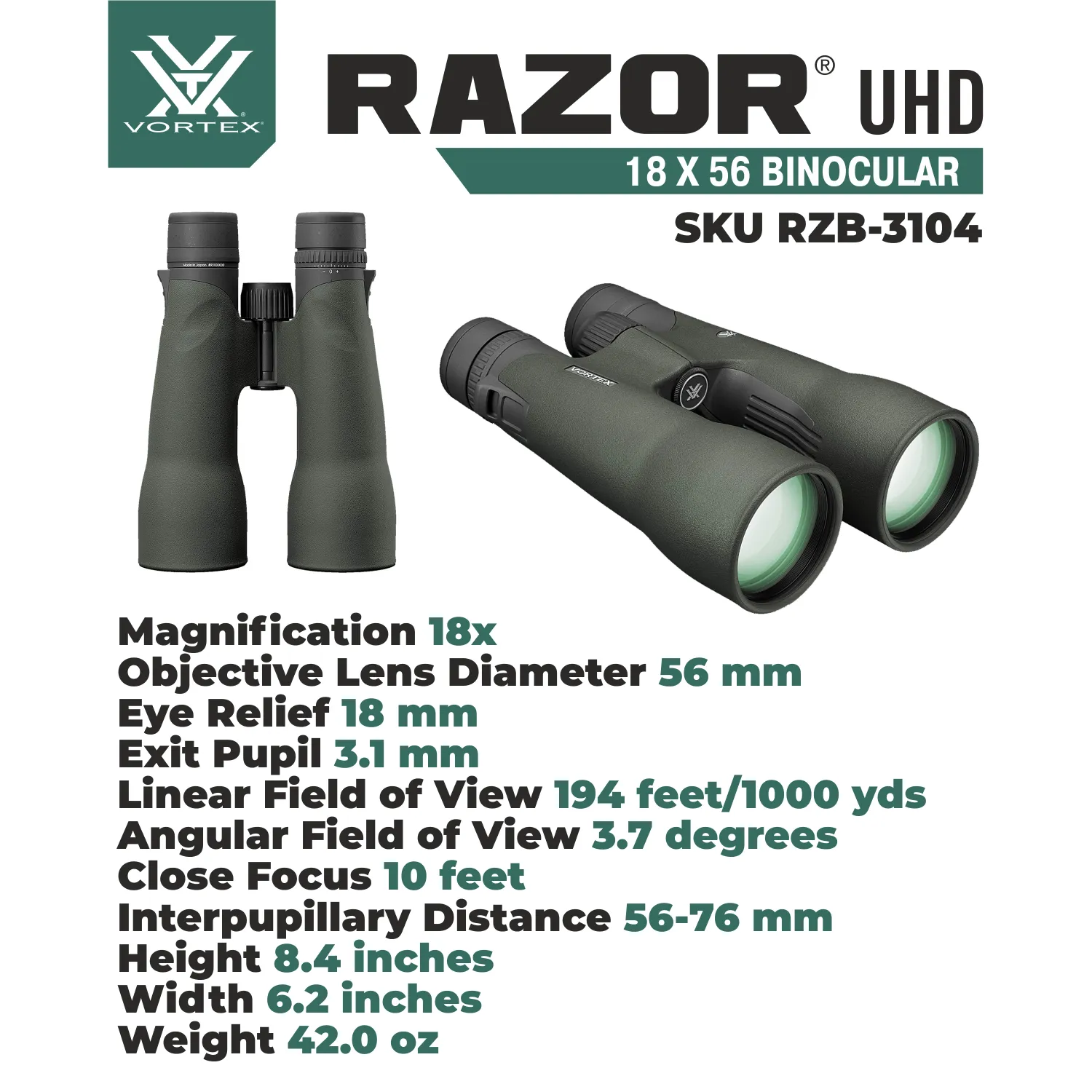 Vortex Optics Razor UHD 18x56 Binocular (RZB-3104)