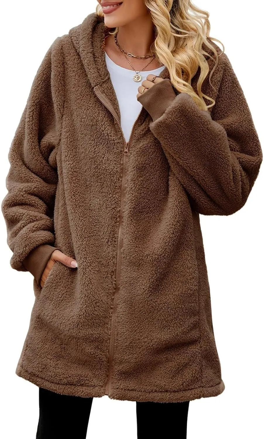 warm clothes for women Women's Solid Color Fashion Casual Pocket Zipper With Hat Long Coat