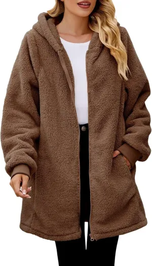 warm clothes for women Women's Solid Color Fashion Casual Pocket Zipper With Hat Long Coat