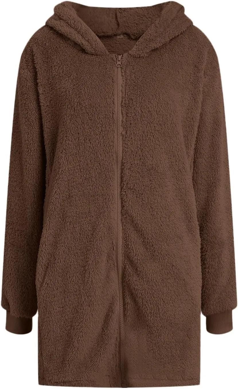 warm clothes for women Women's Solid Color Fashion Casual Pocket Zipper With Hat Long Coat